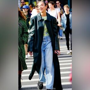 Elegant Black Leather Trench Coat. Size M/L